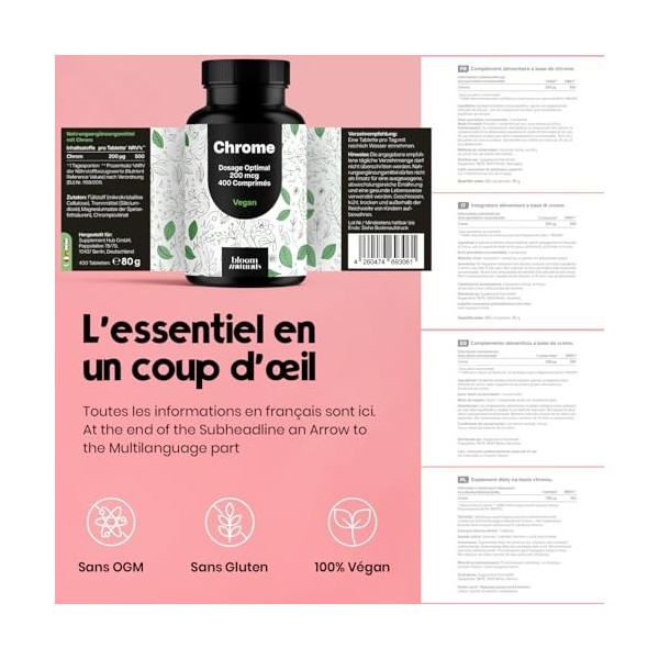 Chrome Complément Alimentaire - 400 Comprimés - Picolinate de Chrome Vegan - Produit en Allemagne - Chromium Picolinate