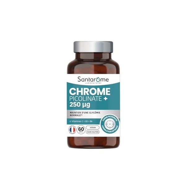 Santarome - Chrome Picolinate+ 250 µg – Maintien d’une Glycémie Normale – Métabolisme des Nutriments – Avec Vitamines C, B3 &