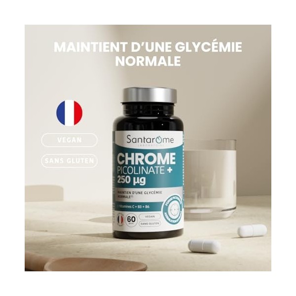 Santarome - Chrome Picolinate+ 250 µg – Maintien d’une Glycémie Normale – Métabolisme des Nutriments – Avec Vitamines C, B3 &