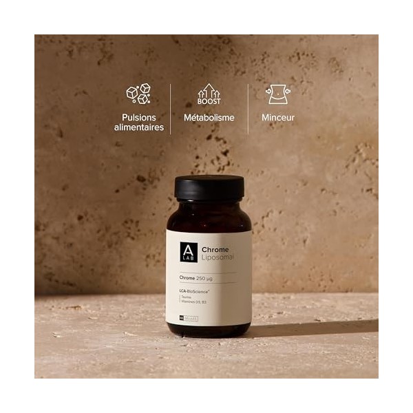 A-LAB Chrome Liposomal 250 µg - Régule La Glycémie, Coupe Faim - Avec Taurine, Vitamine D3 et B3 - Assimilation Renforcée - 6