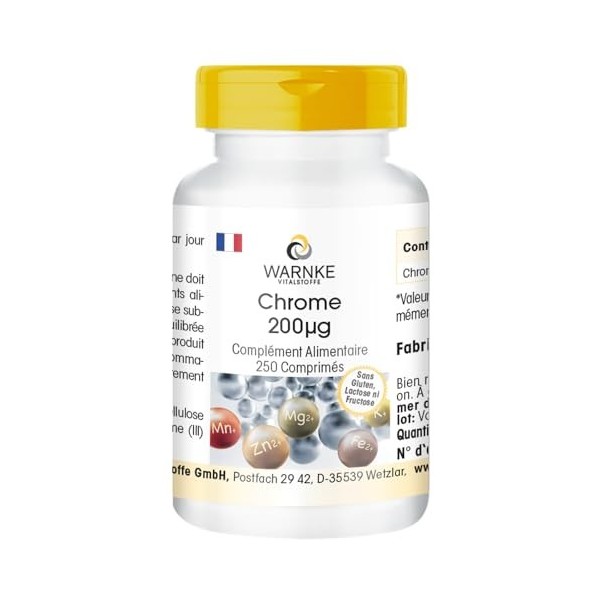 Chrome 200μg - 250 comprimés de 200μg chacun - à base de picolinate de chrome - DOSE ÉLEVÉE - Qualité pharmaceutique allemand