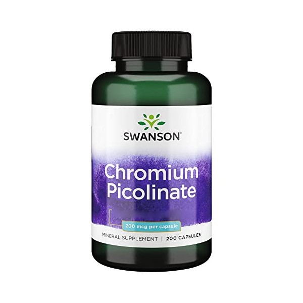 Swanson, Chromium Picolinate Picolinate de Chrome , 200mcg, Hautement Dosé, 200 Capsules, Sans Soja, Sans Gluten, Sans OGM