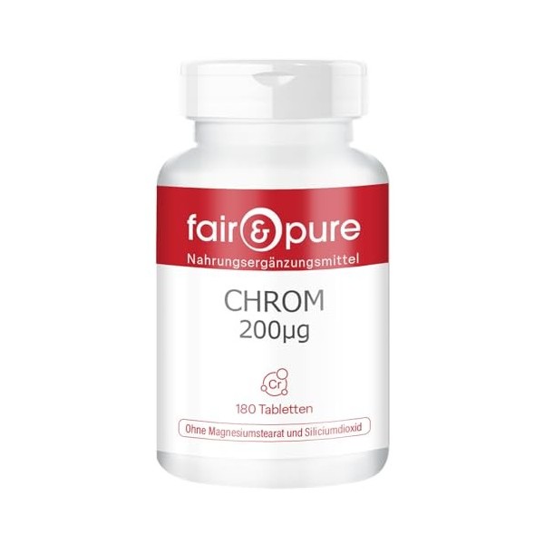 Comprimés de chrome Fair & Pure 200 μg, 180 comprimés, complément alimentaire végétalien sans additifs, fabriqué en Allemagne