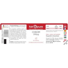 Comprimés de chrome Fair & Pure 200 μg, 180 comprimés, complément alimentaire végétalien sans additifs, fabriqué en Allemagne