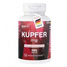 Cuivre 2 mg - 365 comprimés - Bisglycinate de cuivre - Dosage élevé - 100% végétalien - Production et tests en laboratoire en