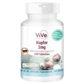 Cuivre 2mg - 200 comprimés - Bisglycinate de cuivre - Dosage élevé - Biodisponible - Qualité allemande - ViVe Supplements