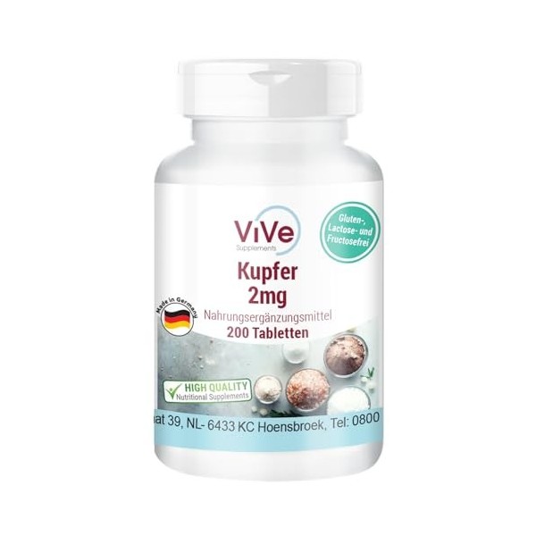 Cuivre 2mg - 200 comprimés - Bisglycinate de cuivre - Dosage élevé - Biodisponible - Qualité allemande - ViVe Supplements