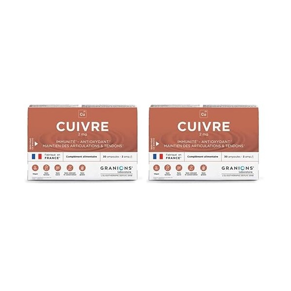 Granions® CUIVRE 2 mg - 30 ampoules : 15 jours - Immunité - Antioxydant - Maintien des articulations et tendons - 2 mg de Cui...