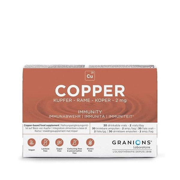 Granions® CUIVRE 2 mg - 30 ampoules : 15 jours - Immunité - Antioxydant - Maintien des articulations et tendons - 2 mg de Cui...
