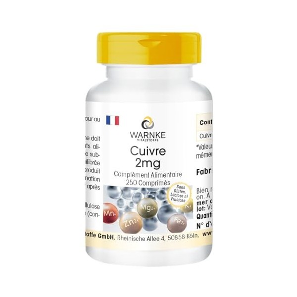 Cuivre 2mg - 250 comprimés de 2mg chacun - Bisglycinate de cuivre - HAUTE DOSE - Qualité pharmaceutique allemande - Vegan | W