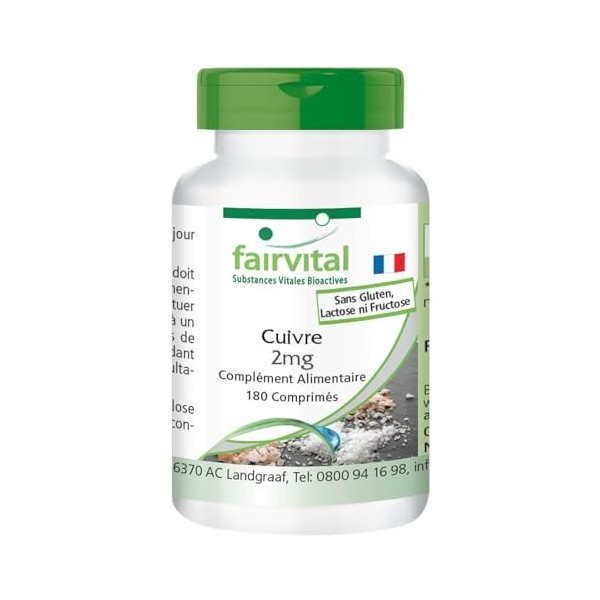 Fairvital | Cuivre 2 mg - 180 comprimés - Bisglycinate de cuivre - qualité contrôlée et hautement dosé - 100% végétalien - Fa