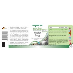 Fairvital | Cuivre 2 mg - 180 comprimés - Bisglycinate de cuivre - qualité contrôlée et hautement dosé - 100% végétalien - Fa