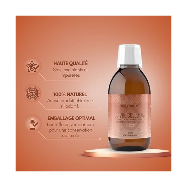 DIOXNATUR® Cuivre colloïdal 250ml Solution Liquide 20 ppm Pureté 99,99% Étiquette FR