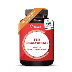 Fer Bisglycinate 14 mg + Vitamine C & Cuivre - Haute absorption, Réduit la Fatigue, Soutien Immunitaire - Avec Cuivre - 120 g