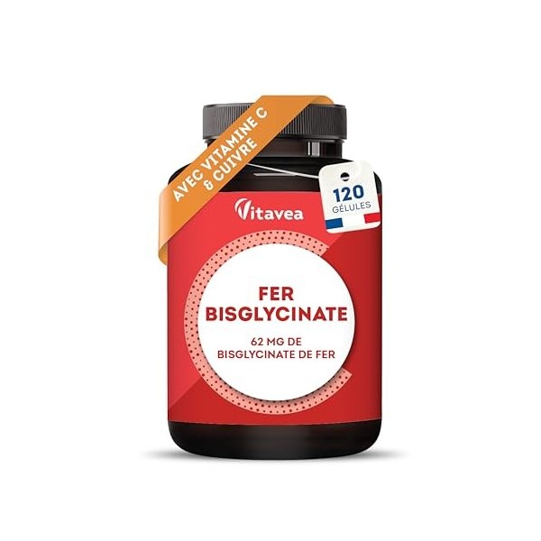 Fer Bisglycinate 14 mg + Vitamine C & Cuivre - Haute absorption, Réduit la Fatigue, Soutien Immunitaire - Avec Cuivre - 120 g