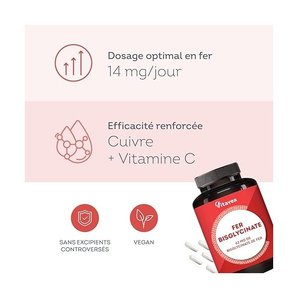 Fer Bisglycinate 14 mg + Vitamine C & Cuivre - Haute absorption, Réduit la Fatigue, Soutien Immunitaire - Avec Cuivre - 120 g