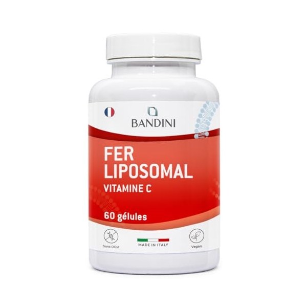 Bandini® Fer Liposomal 30mg + Vitamine C, Acide Folique, Vitamines B12, B6 et A - Assimilation Renforcée, Haute Biodisponibil