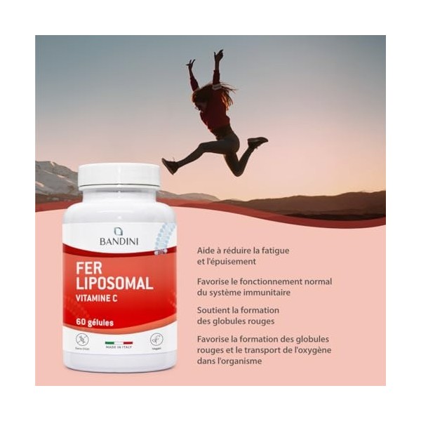Bandini® Fer Liposomal 30mg + Vitamine C, Acide Folique, Vitamines B12, B6 et A - Assimilation Renforcée, Haute Biodisponibil
