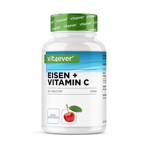 Fer avec 40mg de vitamine C naturelle - 365 comprimés - Haute Biodisponibilité grâce au Complexe Chélaté Bisglycinate de Fer