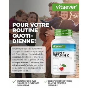 Fer avec 40mg de vitamine C naturelle - 365 comprimés - Haute Biodisponibilité grâce au Complexe Chélaté Bisglycinate de Fer