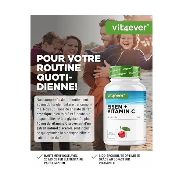 Fer avec 40mg de vitamine C naturelle - 365 comprimés - Haute Biodisponibilité grâce au Complexe Chélaté Bisglycinate de Fer