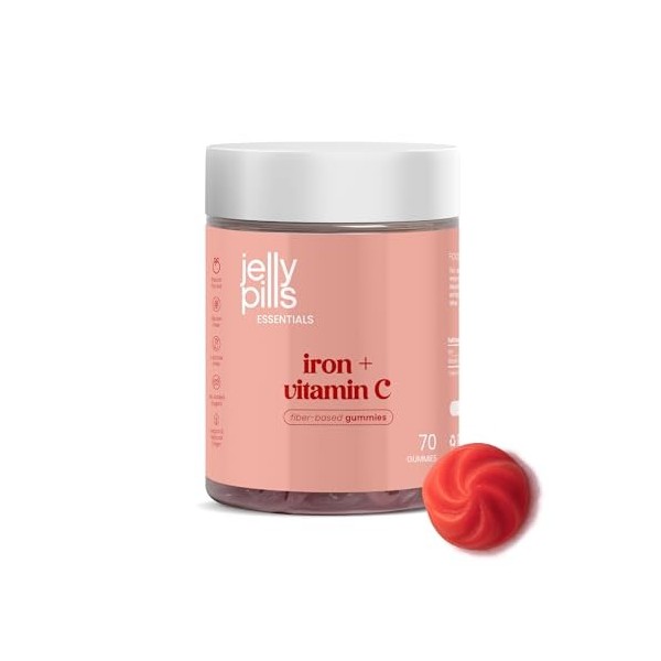 Jelly Pills Gummies Fer 14 mg + Vitamine C 15 mg – 70 Gummies Véganes – Sans Sucres Ajoutés – Goût Fruits Rouges – Soutient l