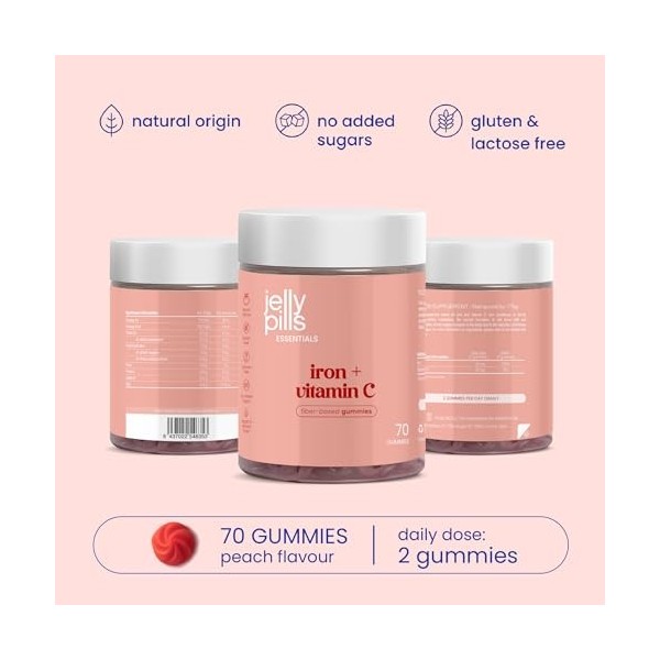 Jelly Pills Gummies Fer 14 mg + Vitamine C 15 mg – 70 Gummies Véganes – Sans Sucres Ajoutés – Goût Fruits Rouges – Soutient l