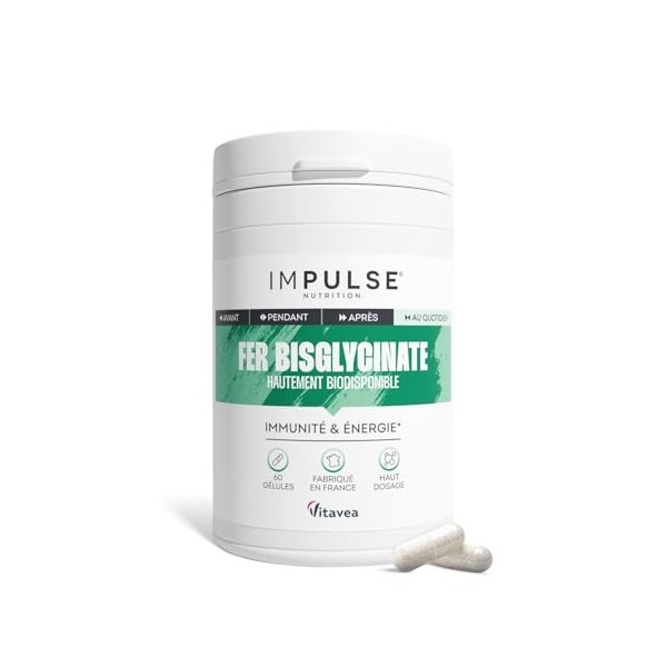 Impulse Nutrition - Fer Bisglycinate 14 mg Hautement Assimilable - Énergie, Immunité & Anti-Fatigue - Complément Alimentaire 