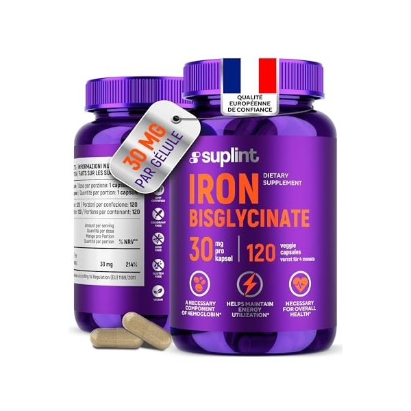 Fer Bisglycinate 30 mg – Haute Absorption & Formule Douce – 120 Gélules Véganes – Développé aux Pays-Bas & Testé en Laboratoi...