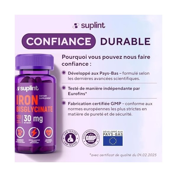 Fer Bisglycinate 30 mg – Haute Absorption & Formule Douce – 120 Gélules Véganes – Développé aux Pays-Bas & Testé en Laboratoi...