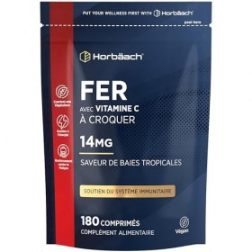 Fer Complément Alimentaire 14mg et Vitamine C 80mg | 180 Comprimés Végan à Croquer | Haute Absorption Fer et Vitamine C | Hau