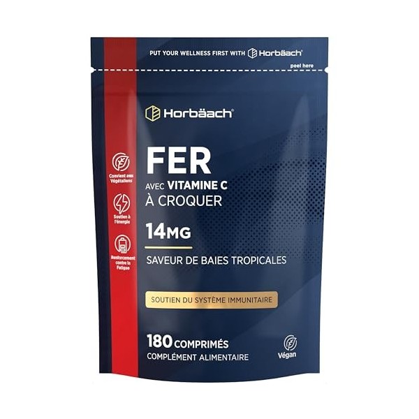 Fer Complément Alimentaire 14mg et Vitamine C 80mg | 180 Comprimés Végan à Croquer | Haute Absorption Fer et Vitamine C | Hau
