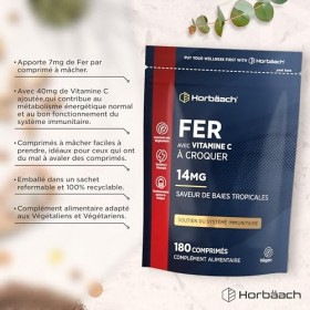 Fer Complément Alimentaire 14mg et Vitamine C 80mg | 180 Comprimés Végan à Croquer | Haute Absorption Fer et Vitamine C | Hau