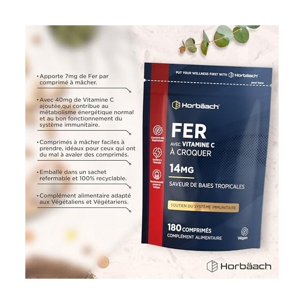 Fer Complément Alimentaire 14mg et Vitamine C 80mg | 180 Comprimés Végan à Croquer | Haute Absorption Fer et Vitamine C | Hau