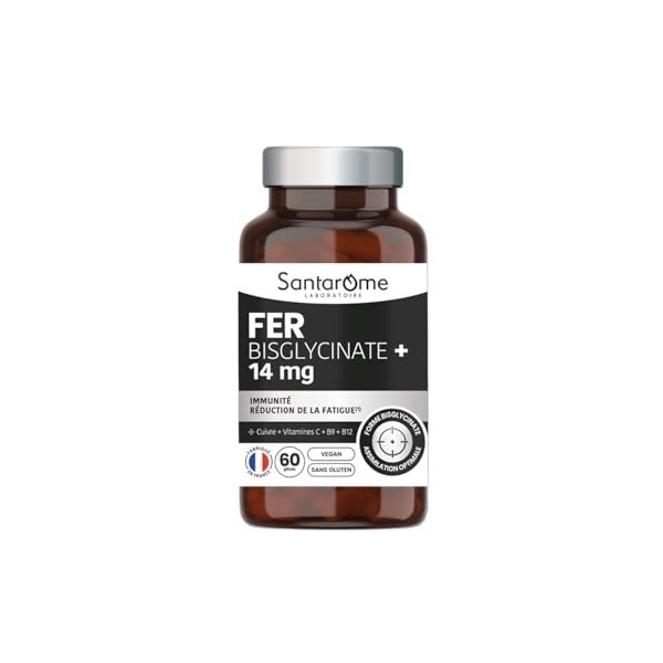 Santarome - Fer Bisglycinate 14 mg – Immunité & Réduction de la Fatigue – Avec Cuivre, Vitamines C, B9 & B12 – Haute Assimila