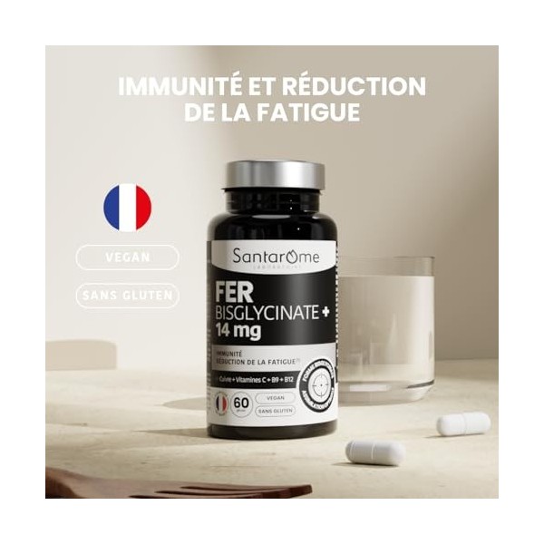Santarome - Fer Bisglycinate 14 mg – Immunité & Réduction de la Fatigue – Avec Cuivre, Vitamines C, B9 & B12 – Haute Assimila
