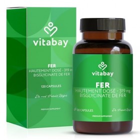Vitabay Fer 50 mg Bisglycinate 319 mg - 120 Gélules Véganes Supplément de Fer Complément Alimentaire Pour Végétaliens à H