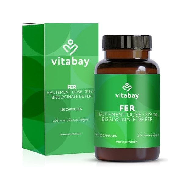 Vitabay Fer 50 mg Bisglycinate 319 mg - 120 Gélules Véganes Supplément de Fer Complément Alimentaire Pour Végétaliens à H