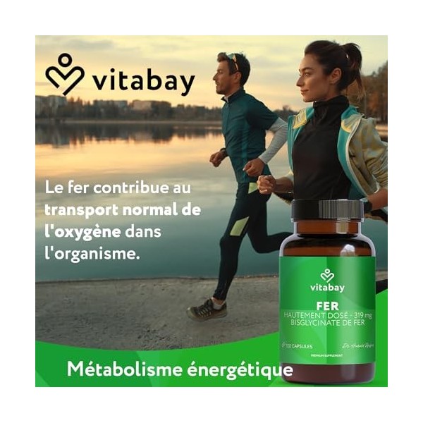 Vitabay Fer 50 mg Bisglycinate 319 mg - 120 Gélules Véganes Supplément de Fer Complément Alimentaire Pour Végétaliens à H