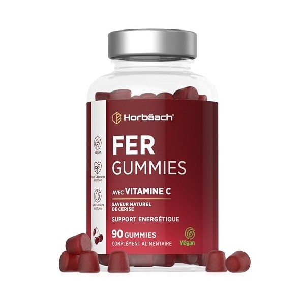 Fer Gummies 14mg avec Vitamine C 40mg | 90 Vegan Gummies Saveur de Cerise | Complément Alimentaire Fer et Vitamine C | Iron S