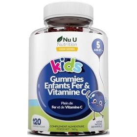 Nu U Nutrition Gummies Enfants Fer & Vitamine C - 120 Oursons Gélifiés Végan Goût Myrtille - Complément Alimentaire pour Enfa