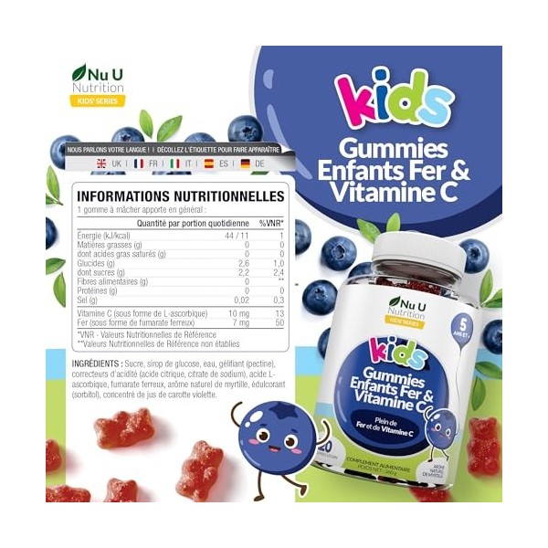 Nu U Nutrition Gummies Enfants Fer & Vitamine C - 120 Oursons Gélifiés Végan Goût Myrtille - Complément Alimentaire pour Enfa