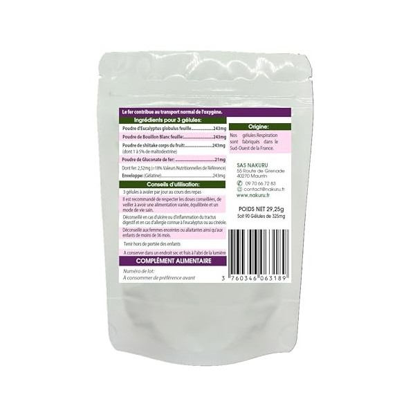 NAKURU | Respiration | Gamme Équilibre | Fabriqué en France | "Eucalyptus + Bouillon Blanc + Shiitaké ! !" 90 Gélules Fer
