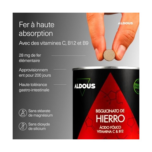 Fer Bisglycinate 14 mg + Vitamine C, B12 et Acide Folique - 400 Comprimés - Fer Complément Alimentaire avec Vitamine C - Anti