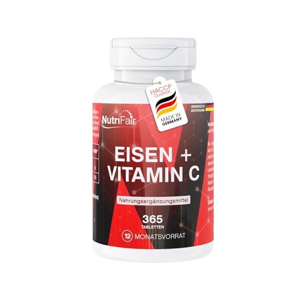 Fer + Vitamine C - 365 comprimés - Bisglycinate de fer avec vitamine C naturelle issue de lacérola - Dosage élevé - 100% vég
