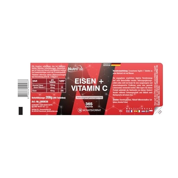Fer + Vitamine C - 365 comprimés - Bisglycinate de fer avec vitamine C naturelle issue de lacérola - Dosage élevé - 100% vég