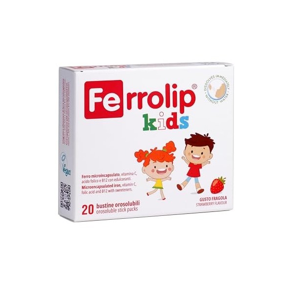 Ferrolip Kids Complément de Fer pour Enfants dès 3 Ans avec Acide Folique, Vitamine C et B12 20 Sachets Oralsolubles à la Fr