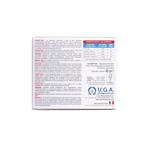 Ferrolip Kids Complément de Fer pour Enfants dès 3 Ans avec Acide Folique, Vitamine C et B12 20 Sachets Oralsolubles à la Fr