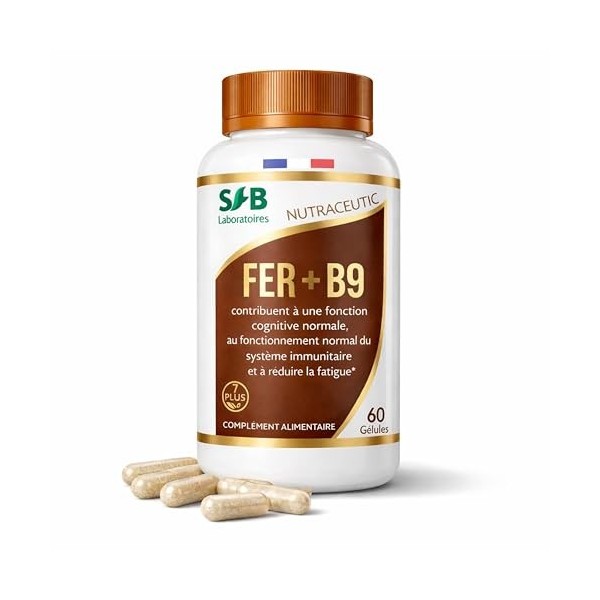 SFB Laboratoires - Fer Bisglycinate B9 + VItamine E – 14mg/Gélule - Haute Absorption - Réduit la fatigue, Boost Immunité, Mém