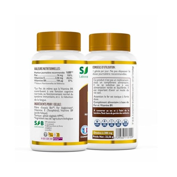 SFB Laboratoires - Fer Bisglycinate B9 + VItamine E – 14mg/Gélule - Haute Absorption - Réduit la fatigue, Boost Immunité, Mém